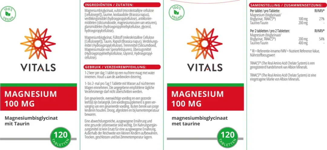 Vitals Magnesium Bisglycinaat 100mg - 120 Tabletten