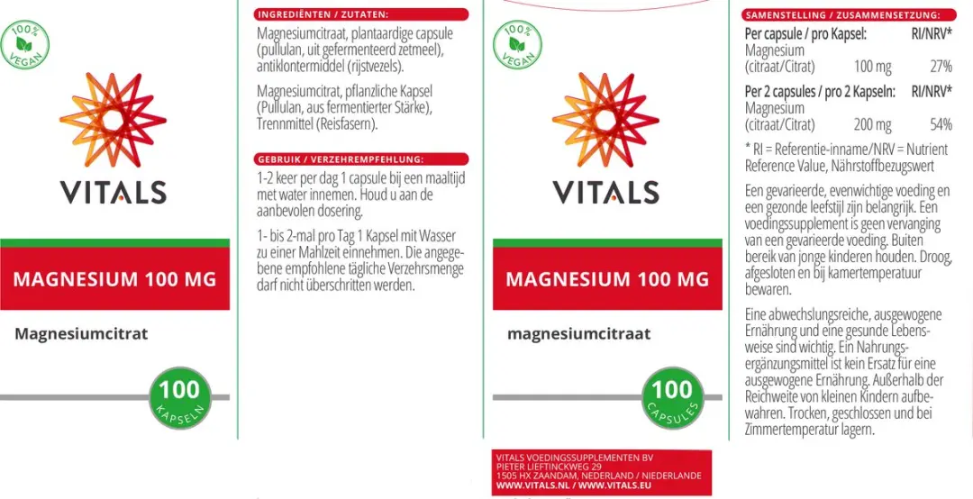 Vitals Magnesiumcitraat 100mg - 100 Capsules