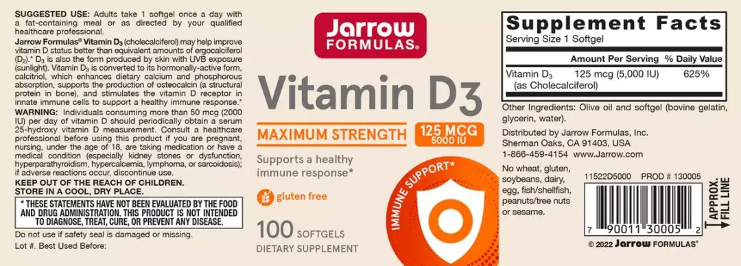 Jarrow Formulas D3 Cholecalciferol 5000IE 100 Softgels