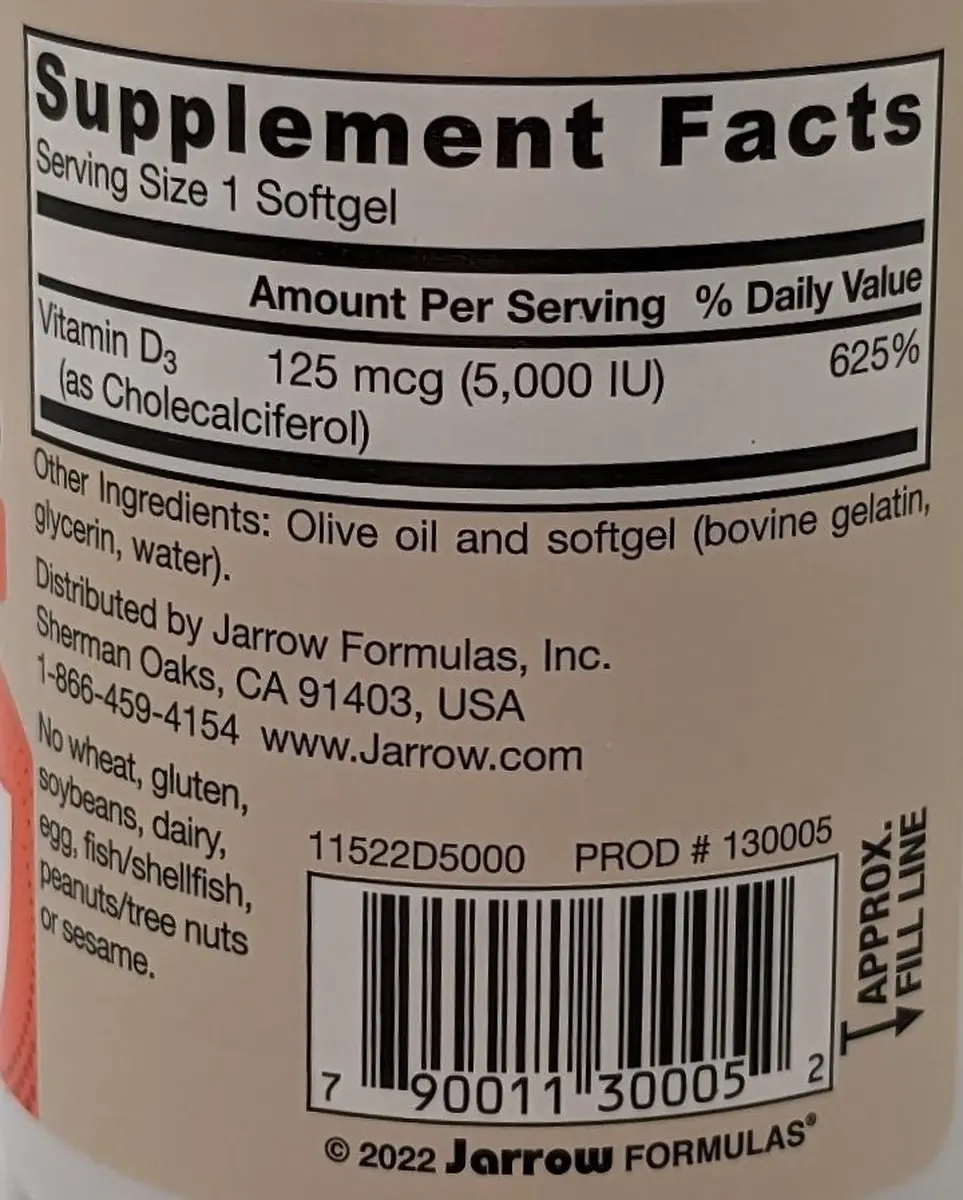 Jarrow Formulas D3 Cholecalciferol 5000IE 100 Softgels