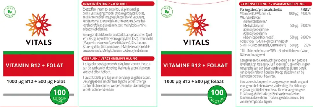 Vitals Vitamine B12 1000mcg & Folaat 500mcg - 100 Zuigtabletten