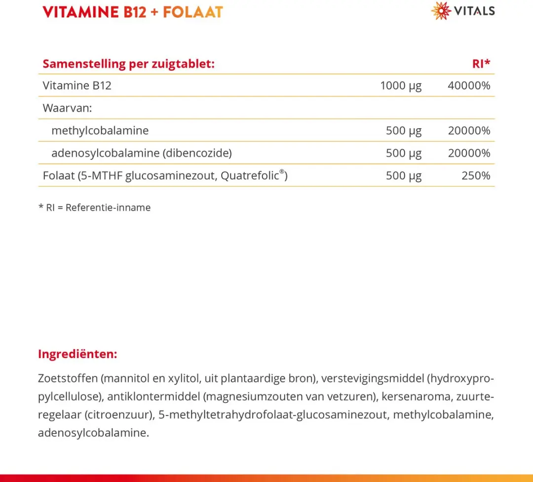 Vitals Vitamine B12 1000mcg & Folaat 500mcg - 100 Zuigtabletten