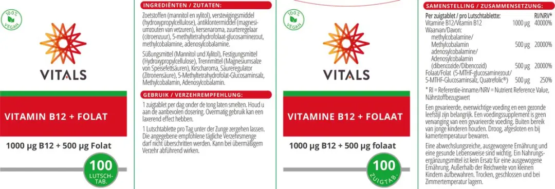 Vitals Vitamine B12 1000mcg & Folaat 500mcg - 100 Zuigtabletten