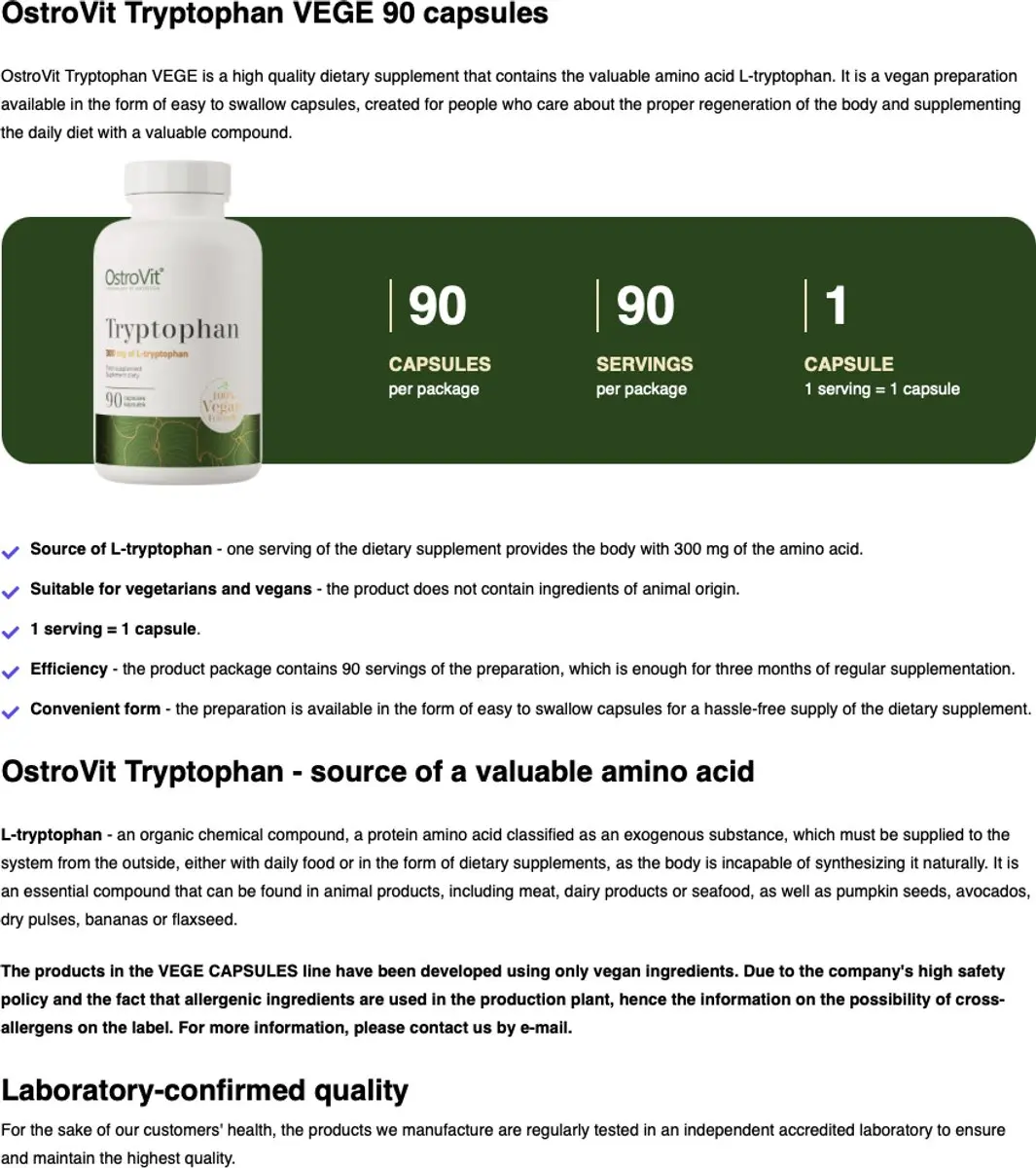 OstroVit Tryptofaan 300mg Vegan Capsules - 90 Stuks