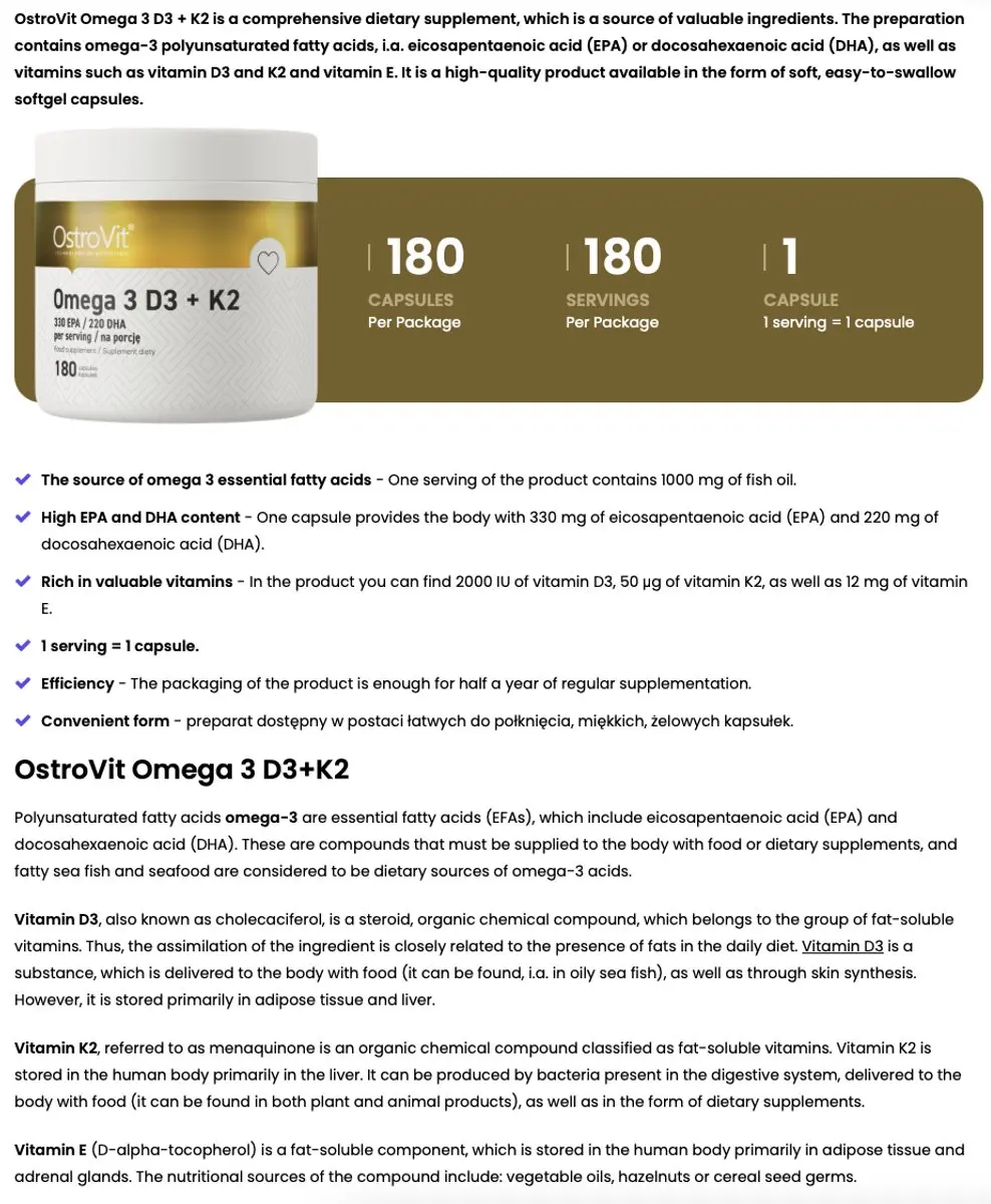 OstroVit Omega 3 + D3+K2 180 Softgels - 1000mg