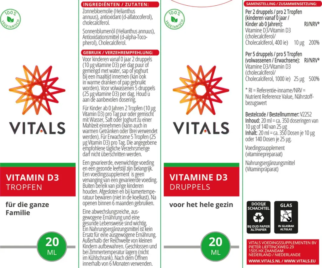 Vitals Vitamine D3 200 IE - 700 druppels 20ml