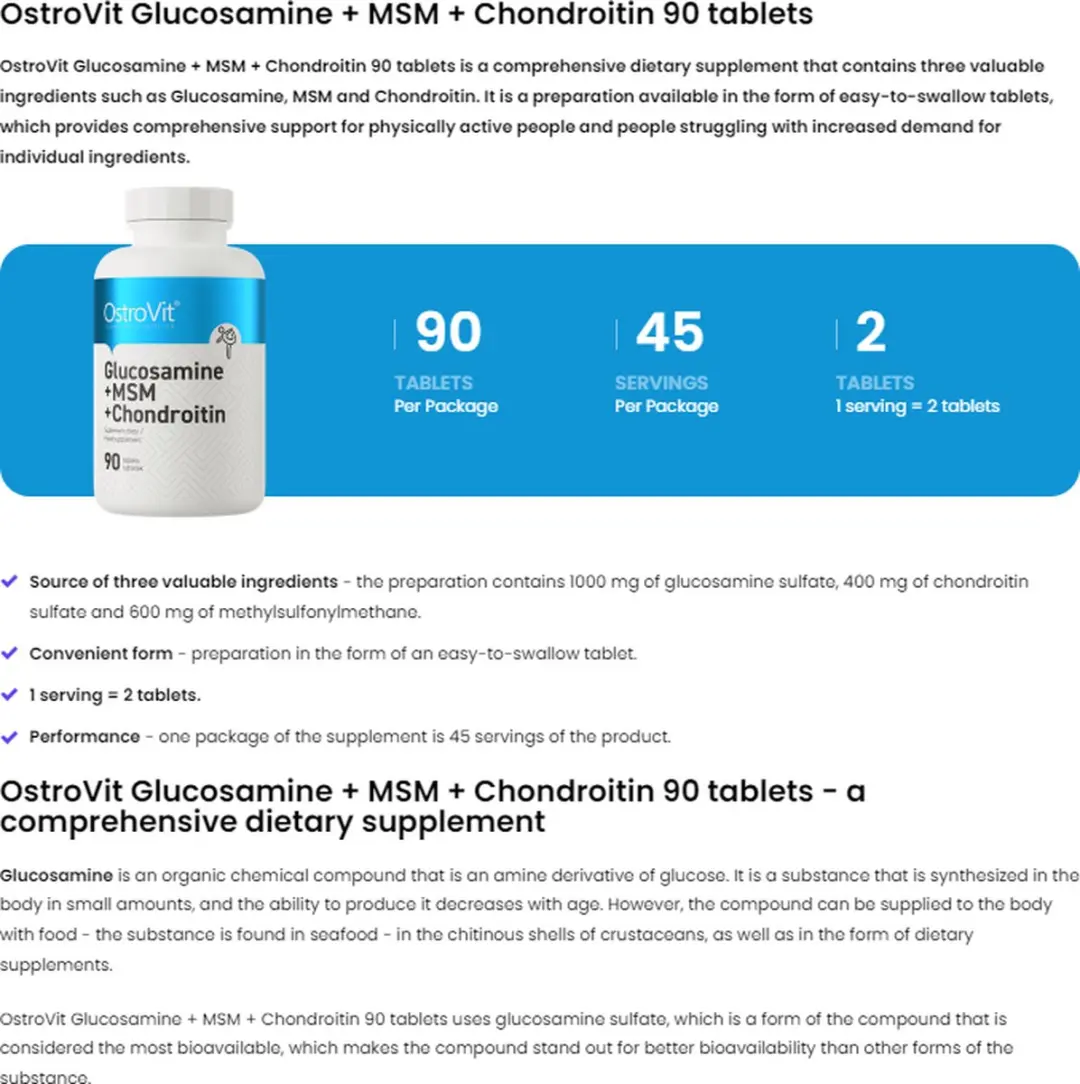 OstroVit Glucosamine + MSM + Chondroitin 90 Tablets - 119g