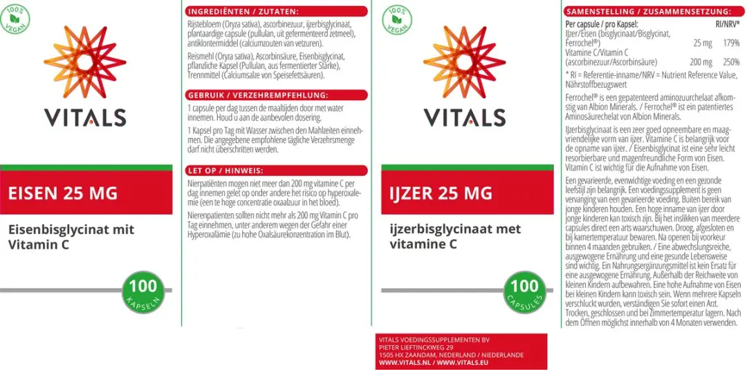 Vitals IJzerbisglycinaat 25mg - 100 Capsules