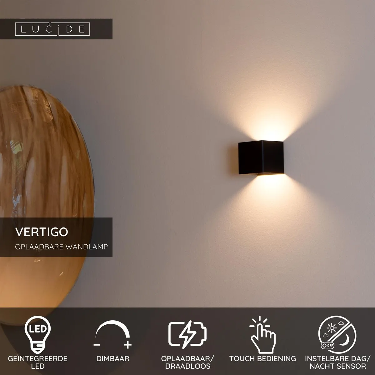 Lucide Vertigo Wandlamp Oplaadbaar - 1x6W 2700K - IP54 - Zwart
