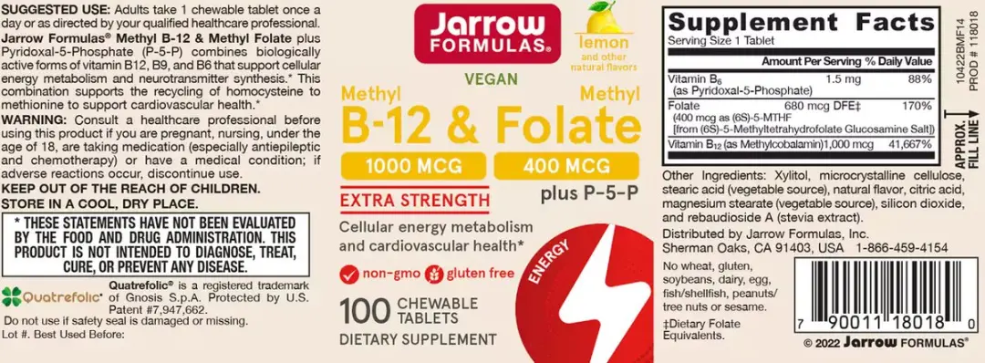 Jarrow Formulas Methyl B-12 & Folate 100 Stuks
