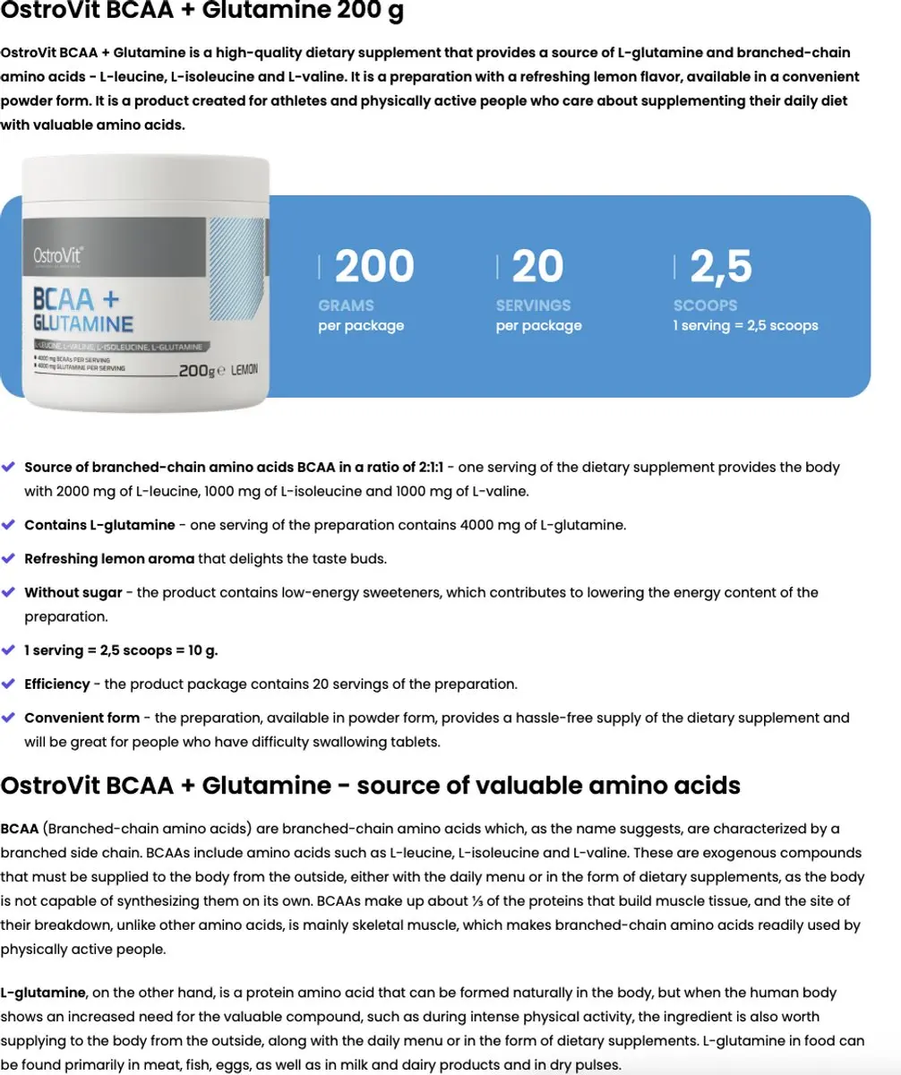 OstroVit BCAA + Glutamine 200g - Citroen