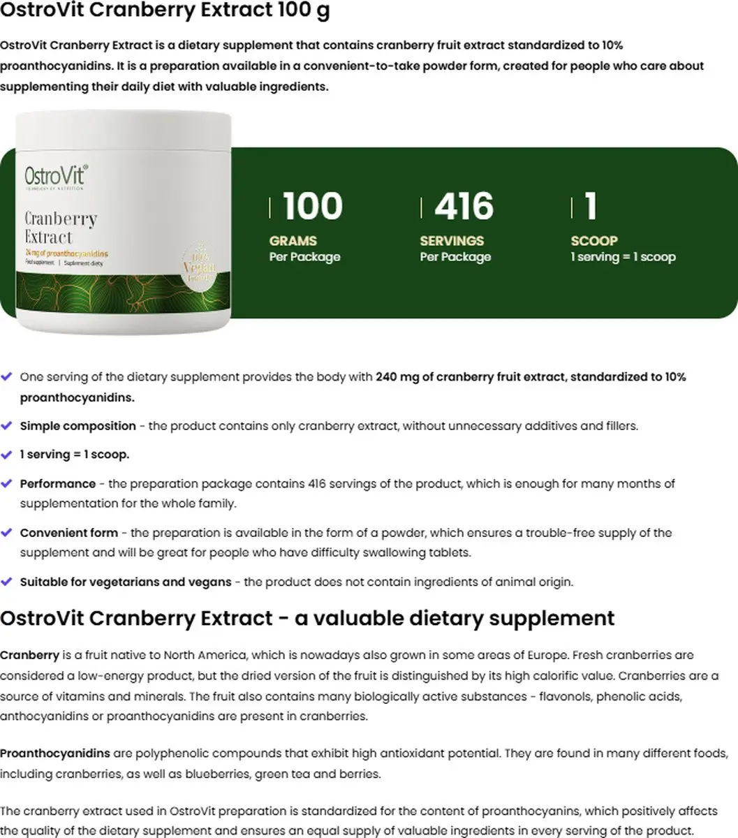 OstroVit Cranberry Poeder 100g - Vegan