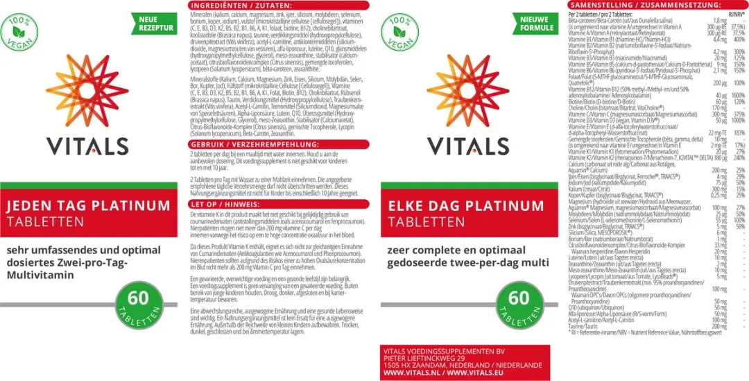 Vitals Elke Dag Platinum Multivitamine - 60 tabletten