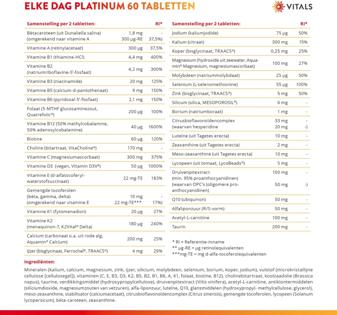 Vitals Elke Dag Platinum Multivitamine - 60 tabletten