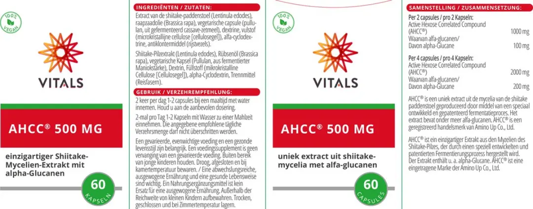 Vitals AHCC 500mg Capsules - 180 Stuks