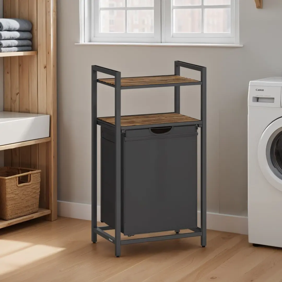 Songmics Wasmand Rustiek Bruin/Zwart 65L - 2 Schappen