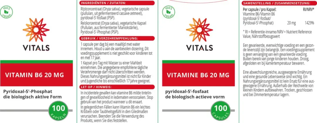Vitals Vitamine B6 20mg - 100 Capsules - Pyridoxal-5'-fosfaat