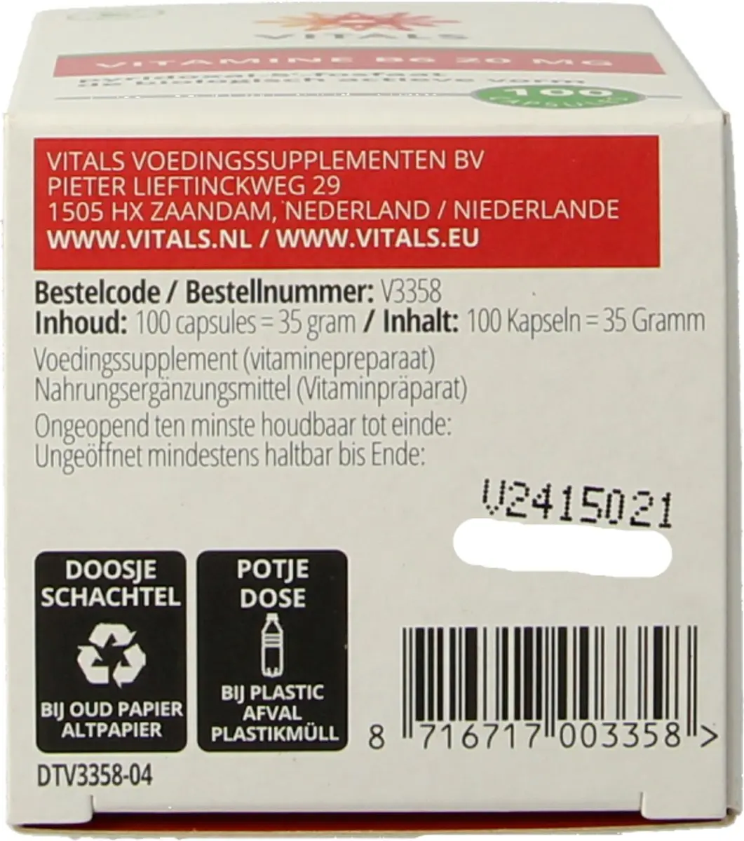 Vitals Vitamine B6 20mg - 100 Capsules - Pyridoxal-5'-fosfaat