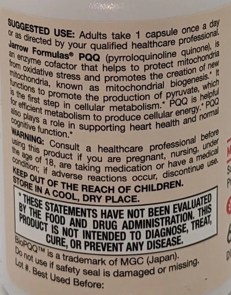 Jarrow Formulas PQQ 20mg 60 Capsules