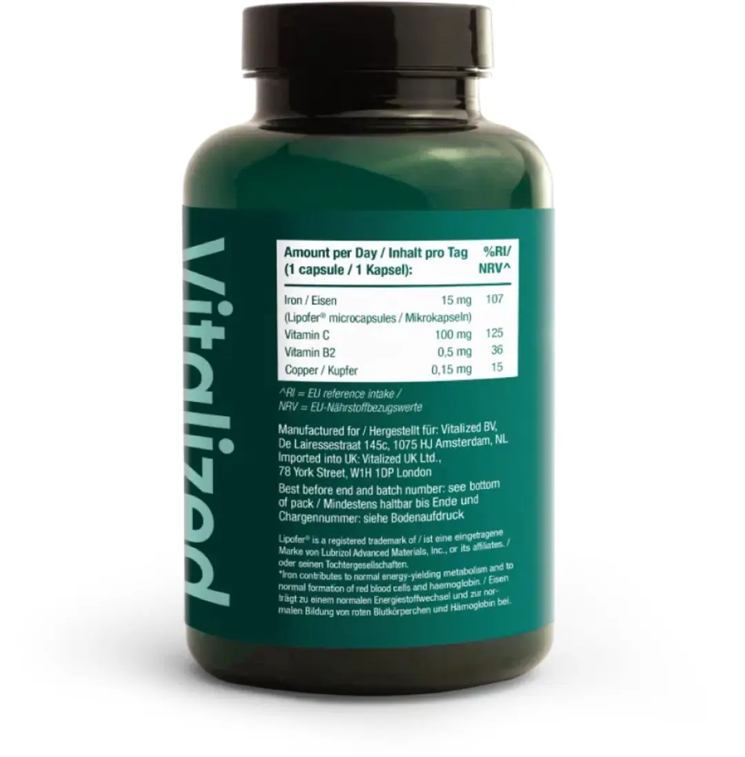 Vitalized IJzer+ 90 Capsules - 15mg met Vitamine C/B2 & Koper