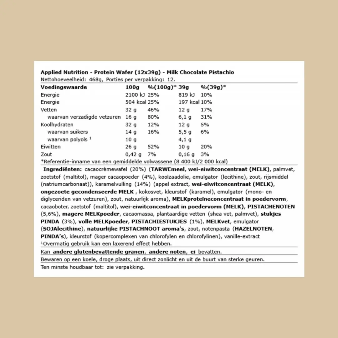 Applied Nutrition Protein Wafer 12x39g - 468g - Melk Chocolade Pistache