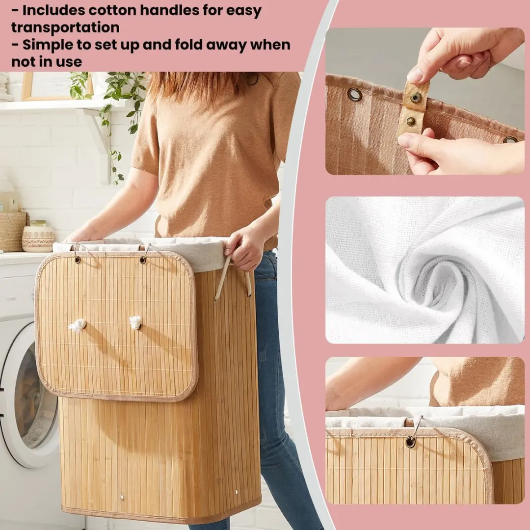 Songmics Opvouwbare Wasmand Bamboe 72L - Natuurlijk