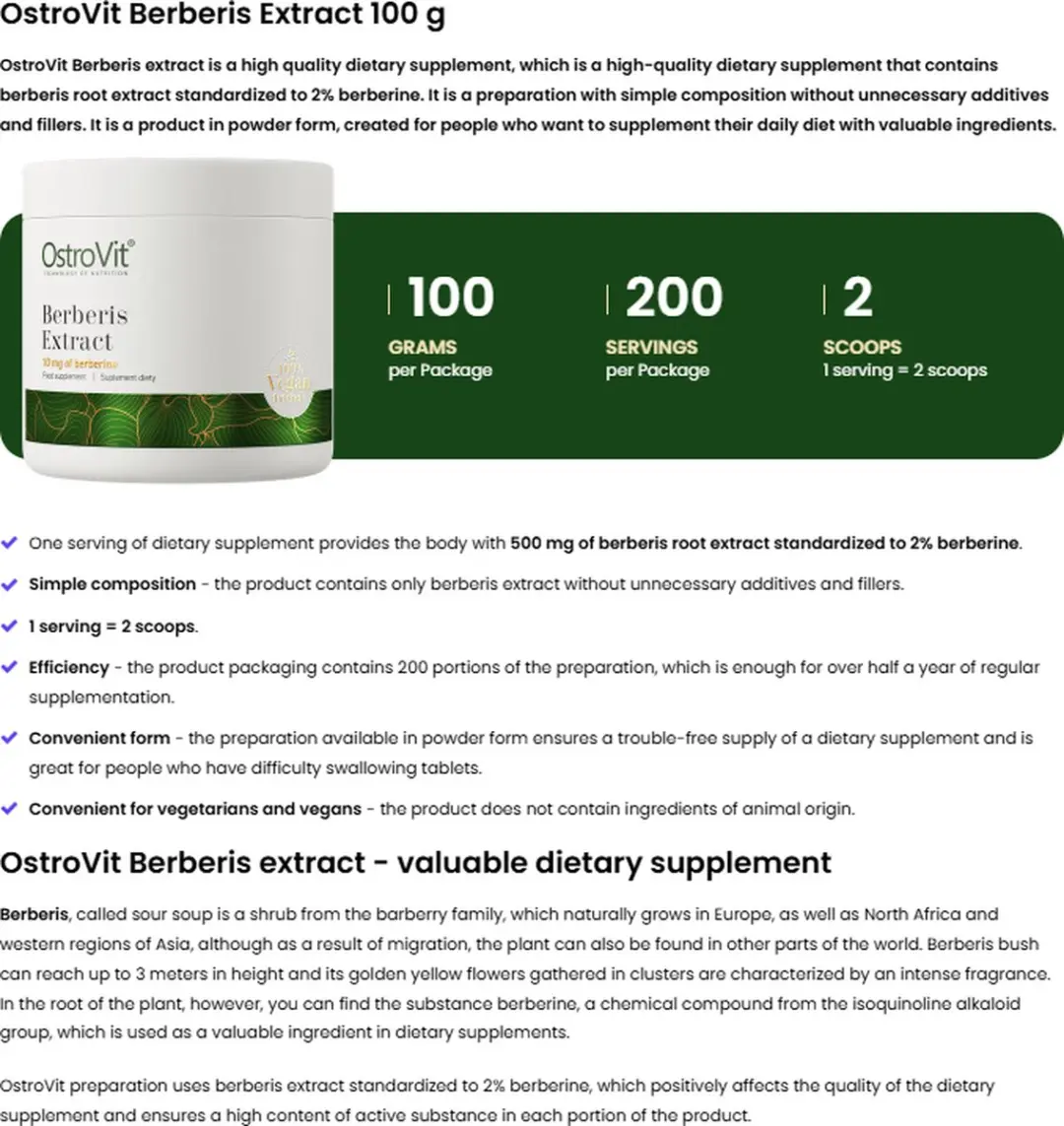 OstroVit Berberine Poeder 100g - 200 Stuks