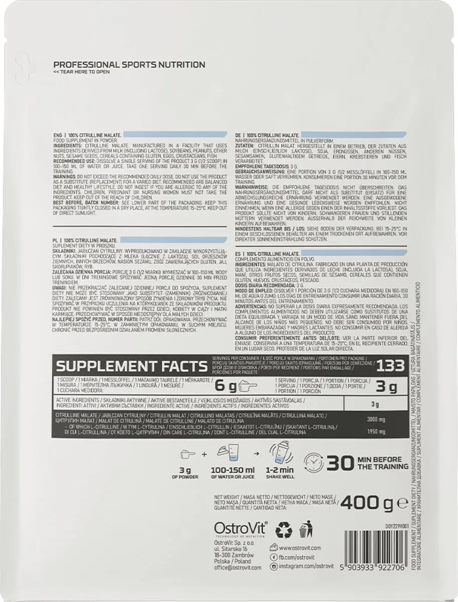 OstroVit Citrulline Malate 400g - 133 Porties - Pre Workout Poeder