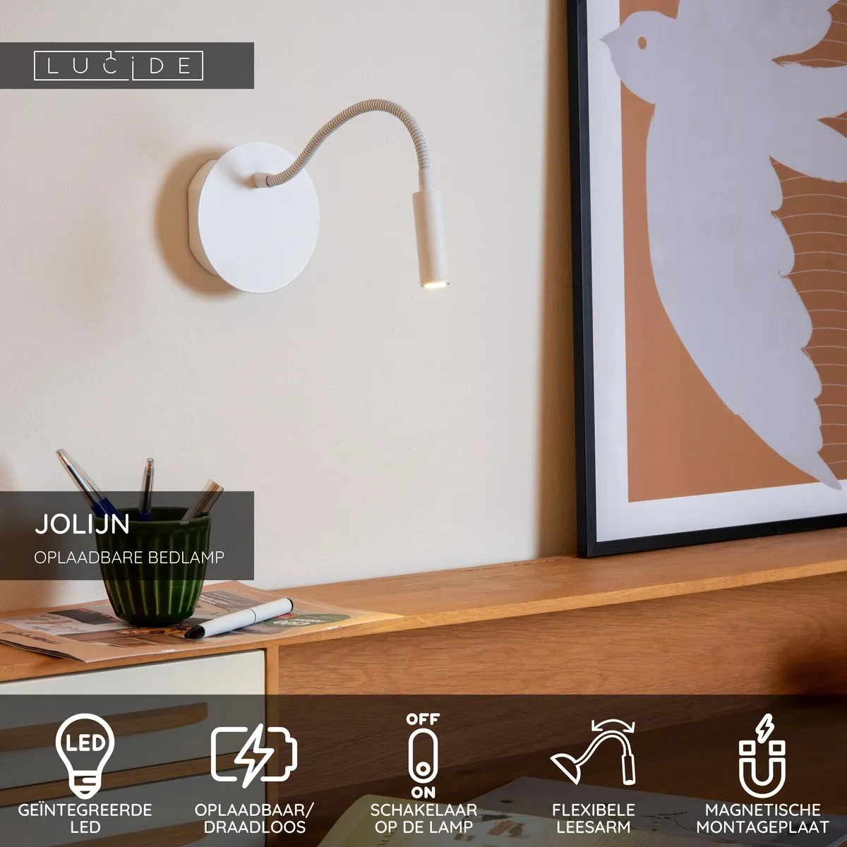 Lucide JOLIJN Oplaadbare Bedlamp - Ø11cm LED 3000K Magnetisch Wit