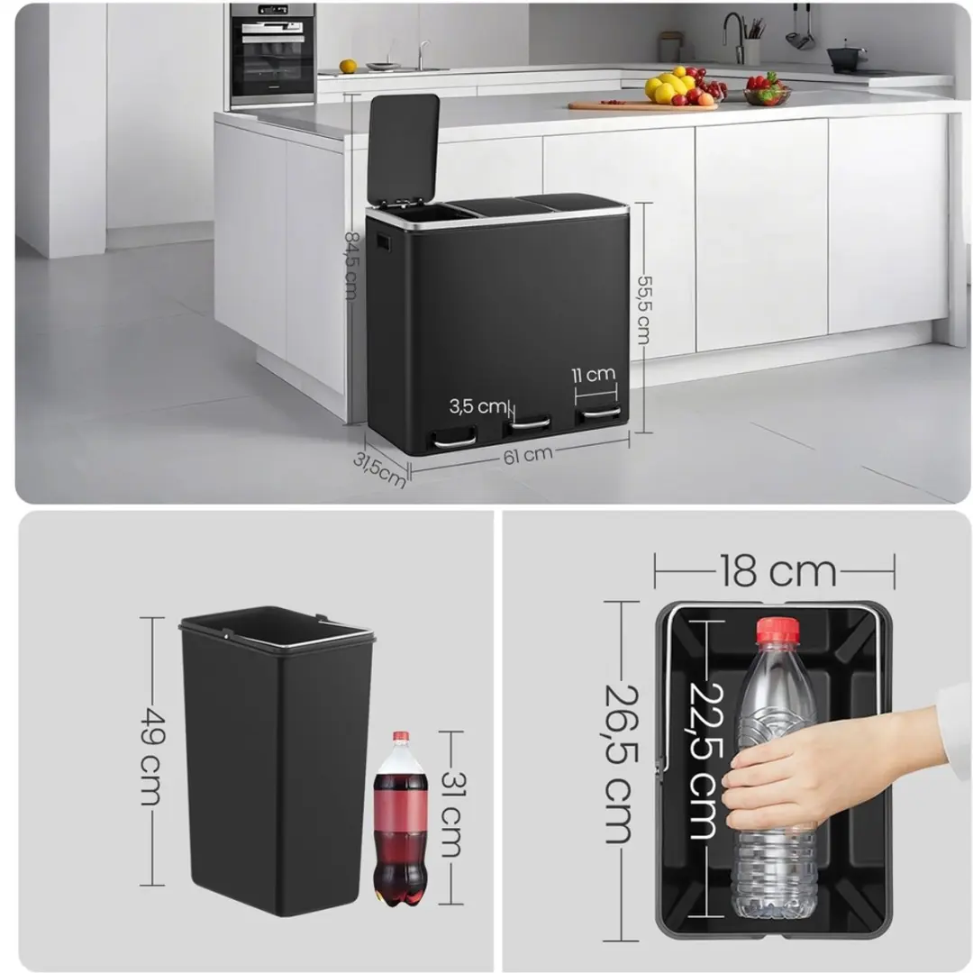 Songmics Afvalscheidingssysteem 3x18L - 3 Compartimenten - Zwart