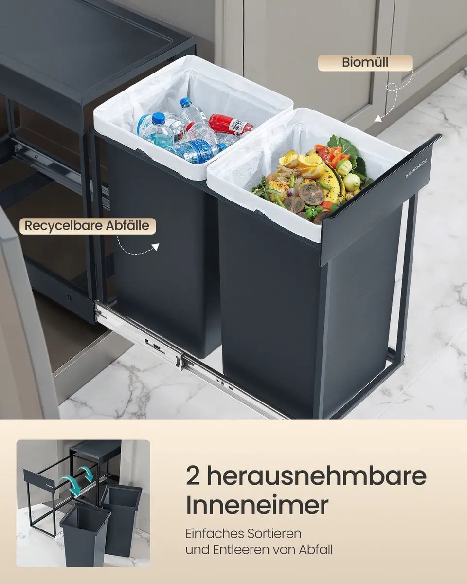 Songmics Afvalscheidingssysteem 2 Compartimenten 30L - Grijs
