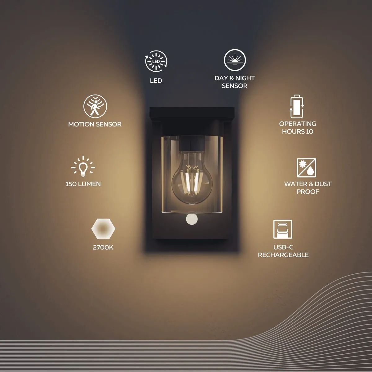 Calex Asti Solar Wandlamp - Zwart