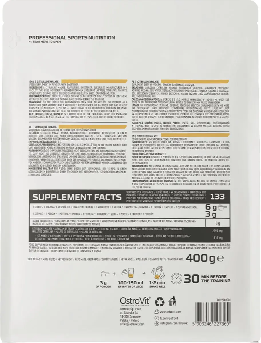 OstroVit Citrulline 400g - 133 Doseringen - Mango