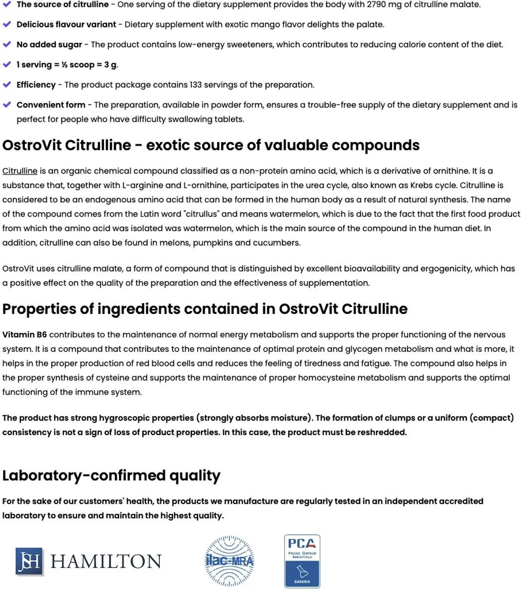 OstroVit Citrulline 400g - 133 Doseringen - Mango