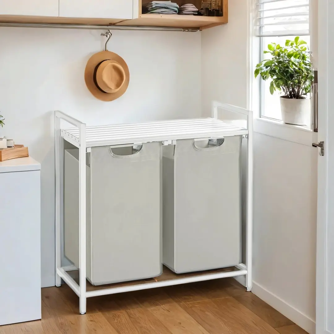 Songmics Wasmand Wit - Dubbel compartiment met 2 uitneembare zakken