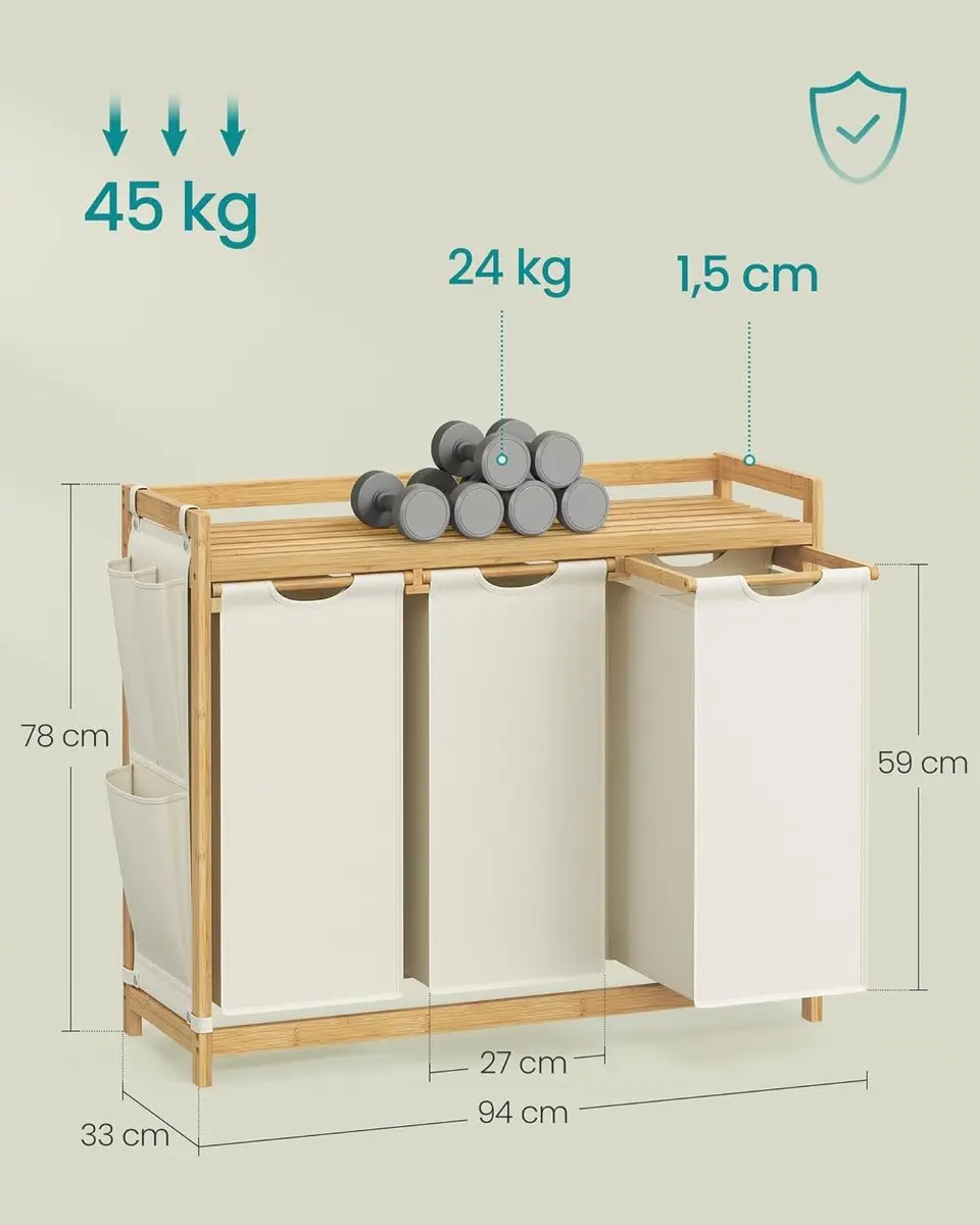 Songmics Wasmand 3 Compartimenten 150L - Crèmewit