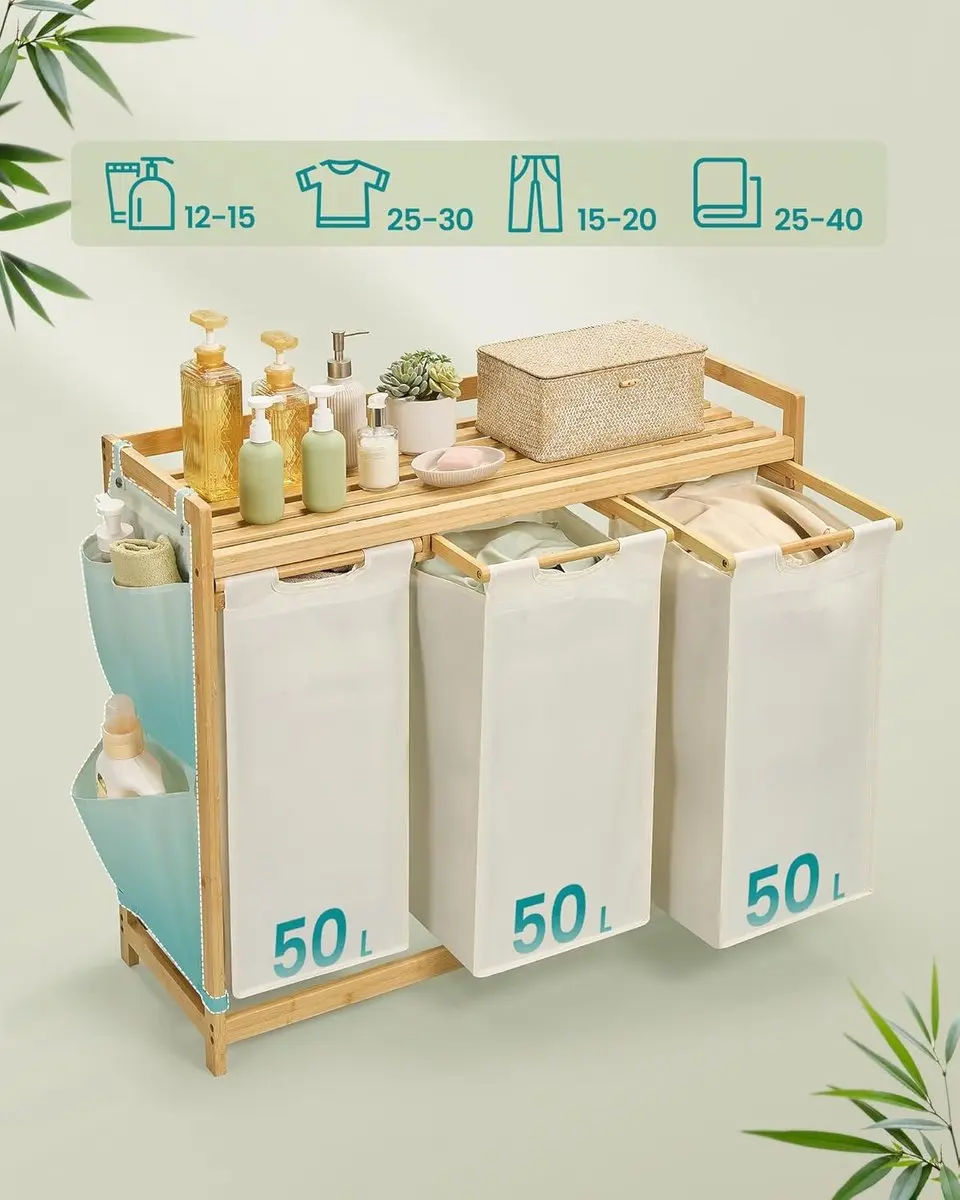 Songmics Wasmand 3 Compartimenten 150L - Crèmewit