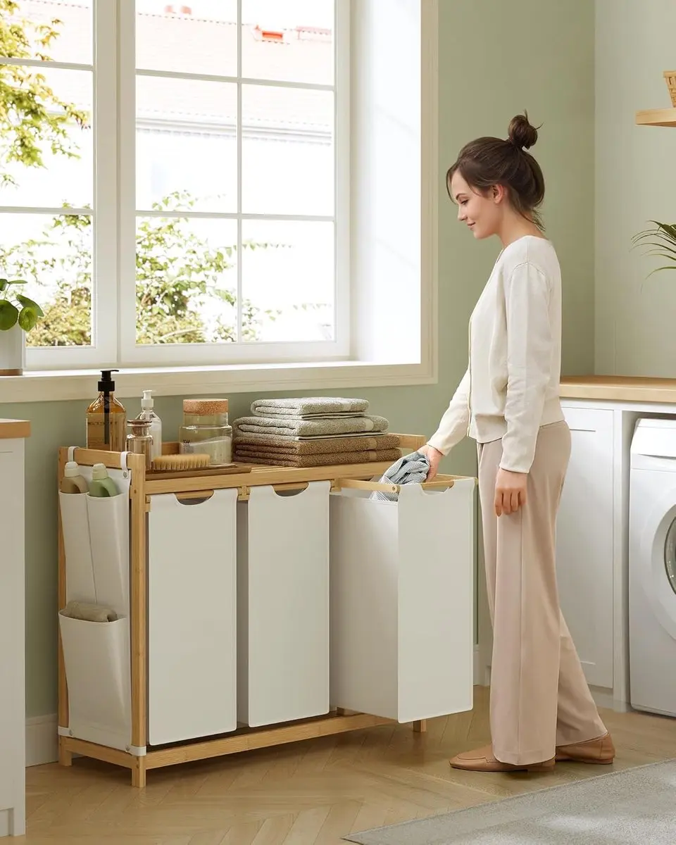 Songmics Wasmand 3 Compartimenten 150L - Crèmewit