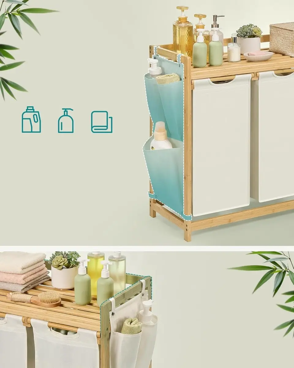 Songmics Wasmand 3 Compartimenten 150L - Crèmewit - afbeelding 6 van 6