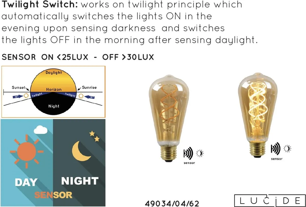 Lucide ST64 Twilight Sensor LED E27 4W 2200K - Amber