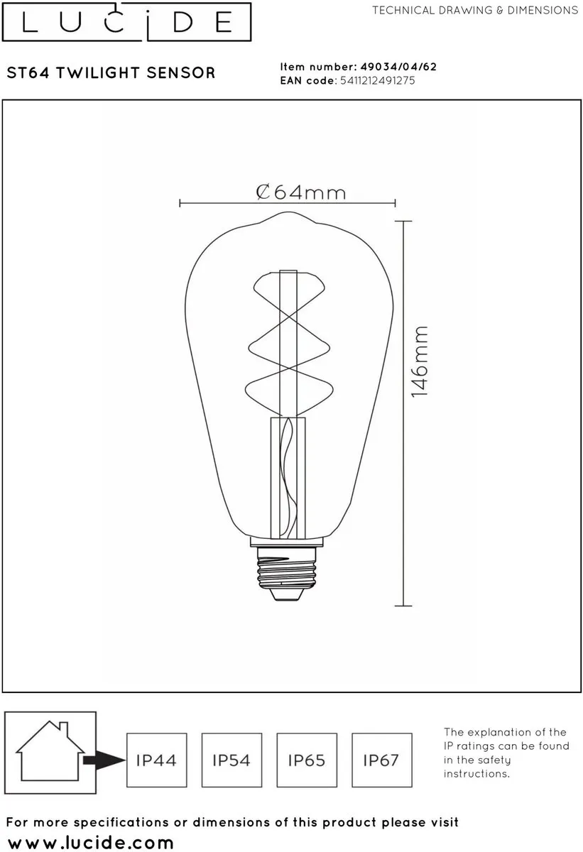 Lucide ST64 Twilight Sensor LED E27 4W 2200K - Amber - afbeelding 6 van 6