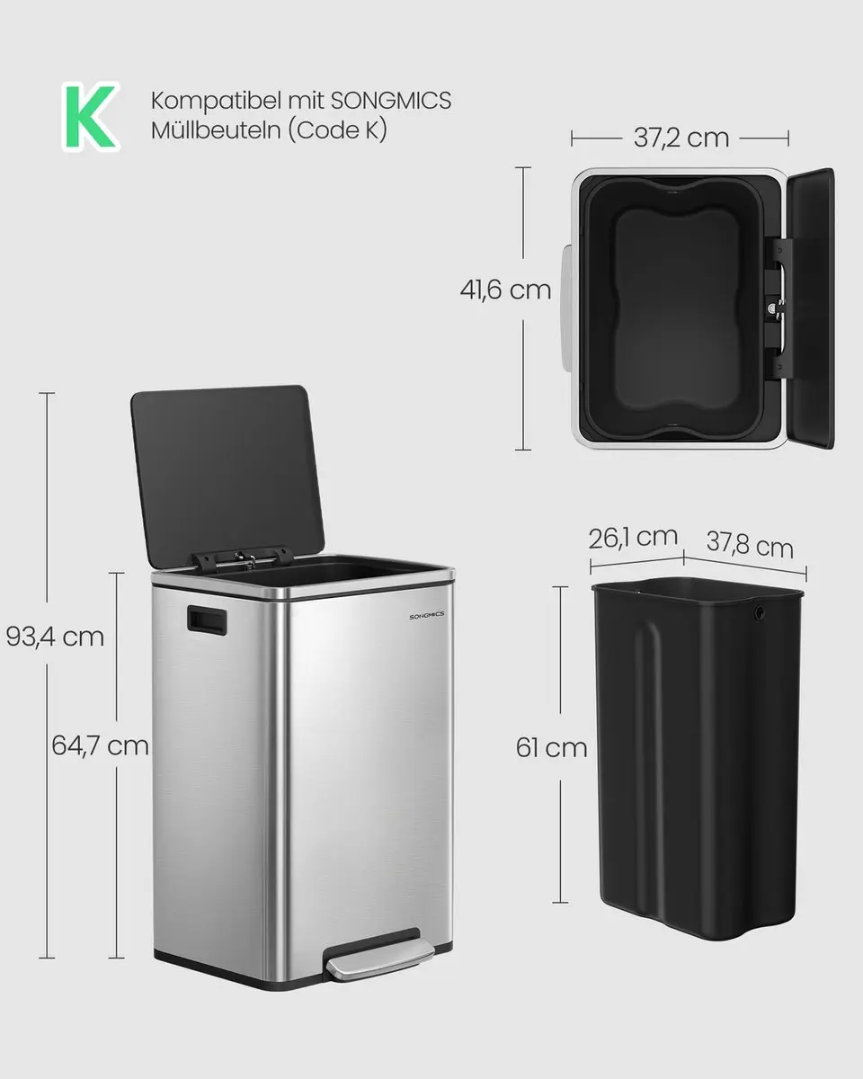Songmics Vuilnisbak 50L - Zilver - afbeelding 6 van 6