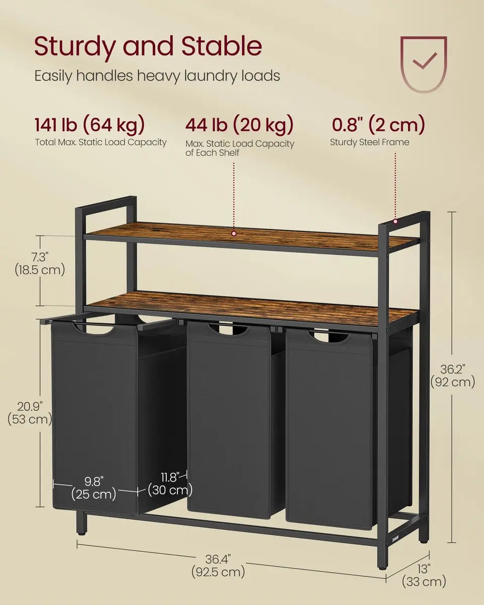 Songmics Wasmand Hout & Stof Rustiek Bruin/Zwart - 40L - 3 Zakken