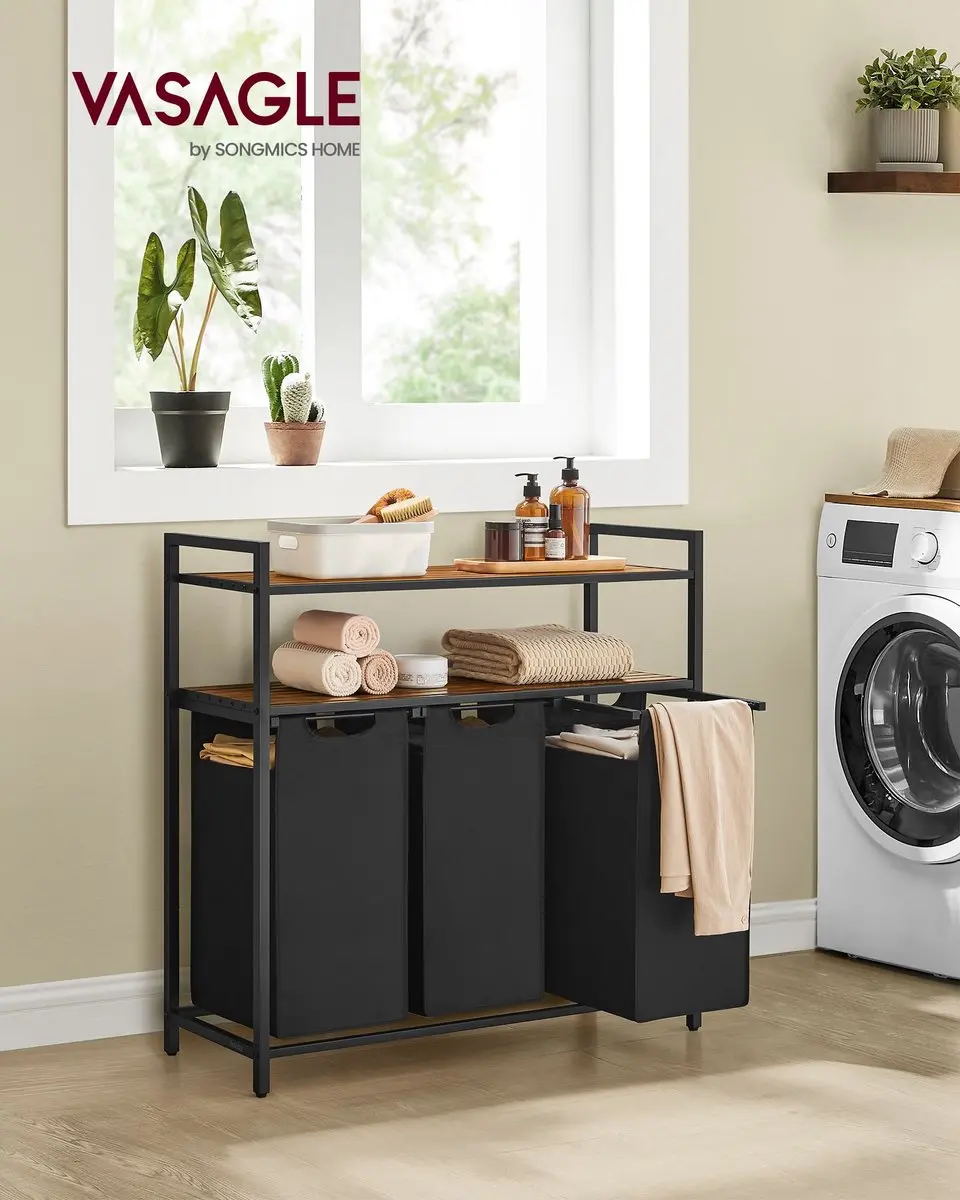 Songmics Wasmand Hout & Stof Rustiek Bruin/Zwart - 40L - 3 Zakken