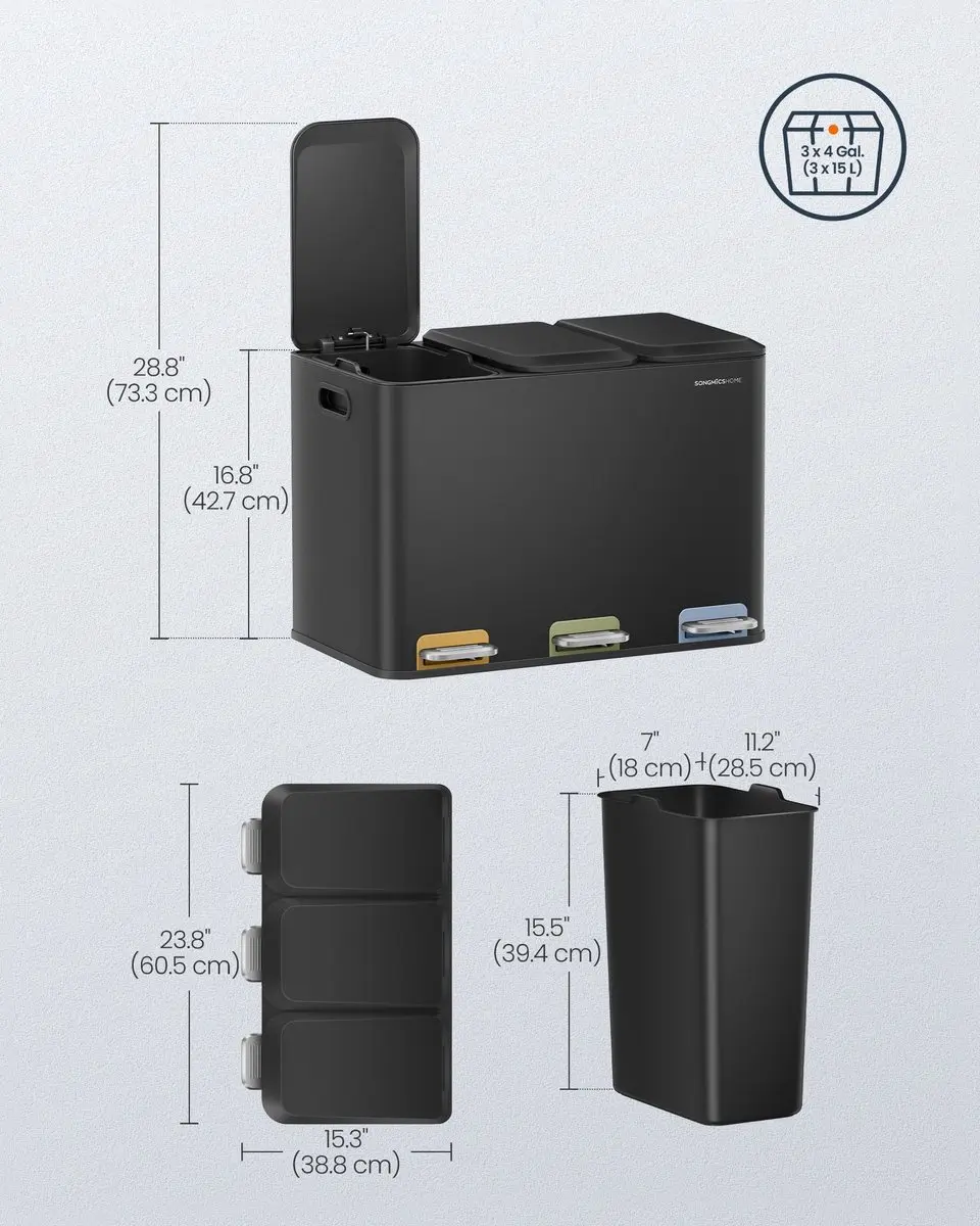 Songmics Keukenafvalbak 45L - 3 Vakken - Inktzwart - afbeelding 6 van 6