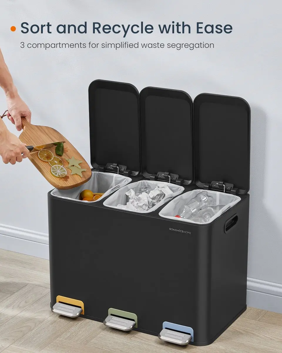 Songmics Keukenafvalbak 45L - 3 Vakken - Inktzwart