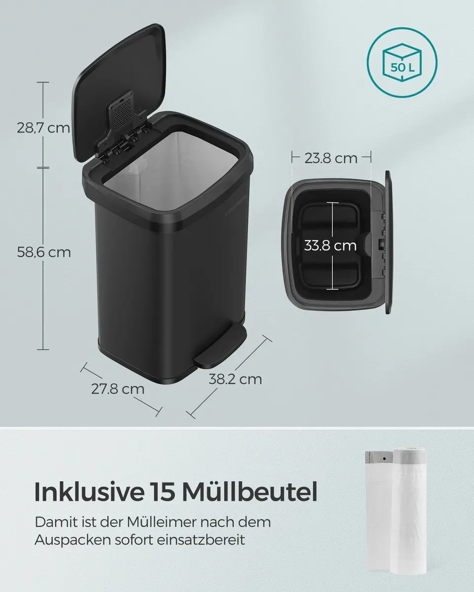 Songmics Keukenafvalbak 50L - Zwart - afbeelding 3 van 6