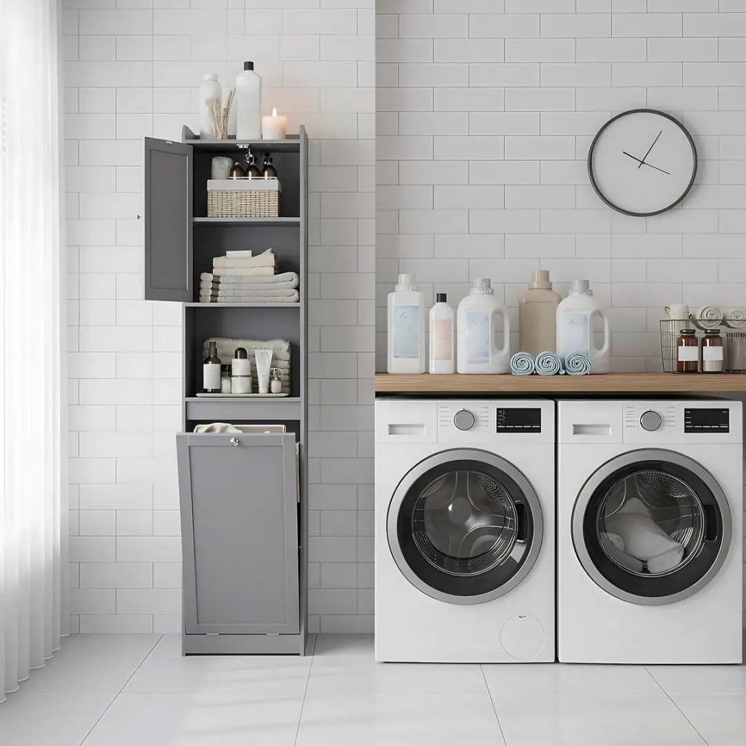 Songmics Badkamerkastje met wasmand 40x40x170cm - Grijs