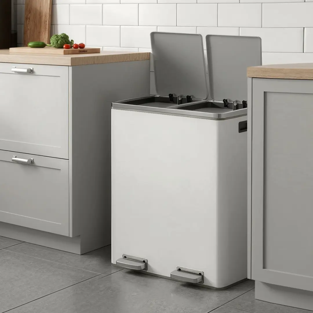 Songmics 60L Puilkorf - 2 Compartimenten - Pedaalbediening - Wit/Grijs