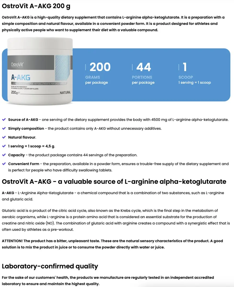 OstroVit A-AKG L-Arginine Alpha-Ketoglutaraat 200g